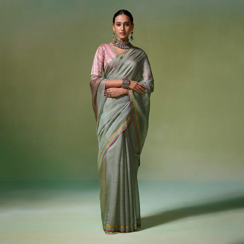 Chanderi Saree with Blouse Fabric | Silk Border | Sage Green