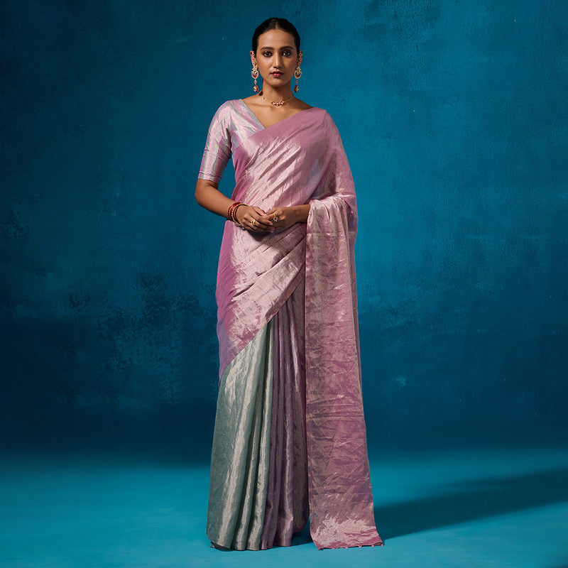 Cotton Silk Saree with Blouse Fabric | Silver Zari | Pink & Purple