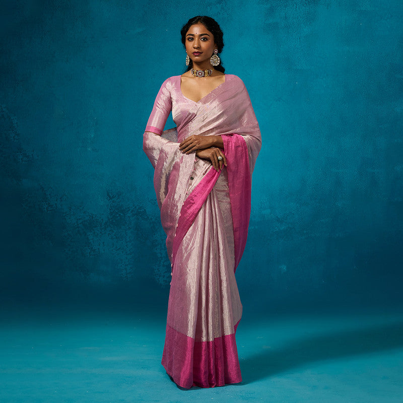 Cotton Silk Saree with Blouse Fabric | Pink Border Block | Pink