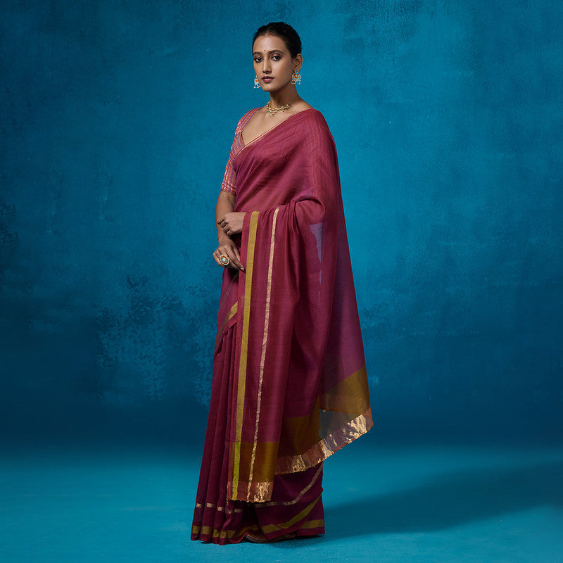 Chanderi Saree with Blouse Fabric | Olive Green Satin Border | Magenta