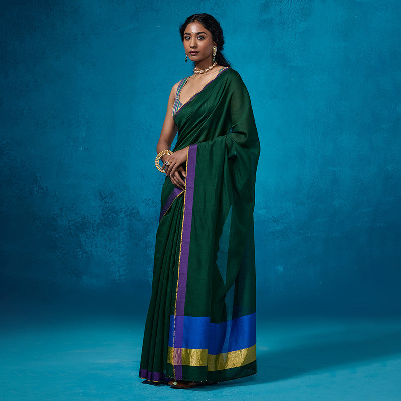 Chanderi Saree with Blouse Fabric | Purple Silk Border | Deep Green