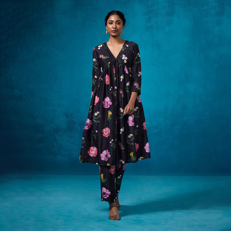 Chanderi Black Kurta Set For Women | Floral Printed