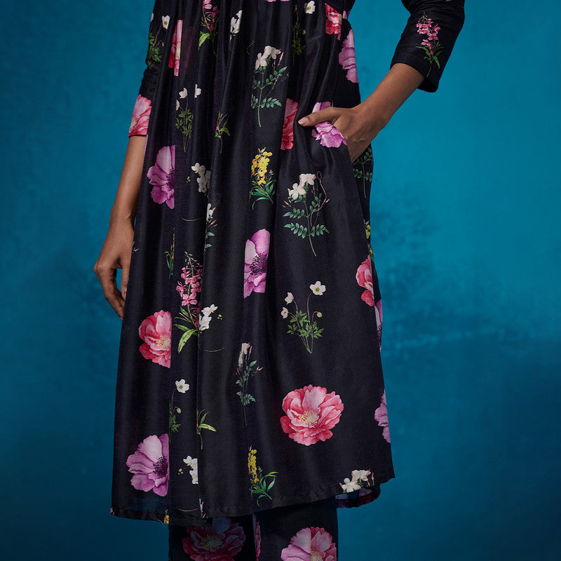 Chanderi Black Kurta Set For Women | Floral Printed