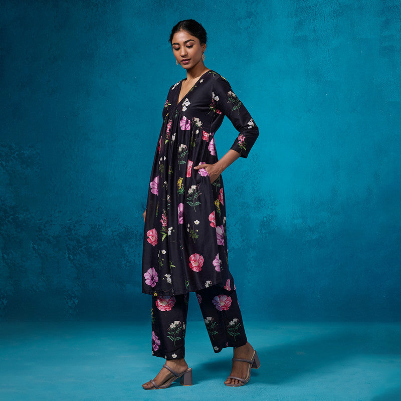 Chanderi Black Kurta Set For Women | Floral Printed