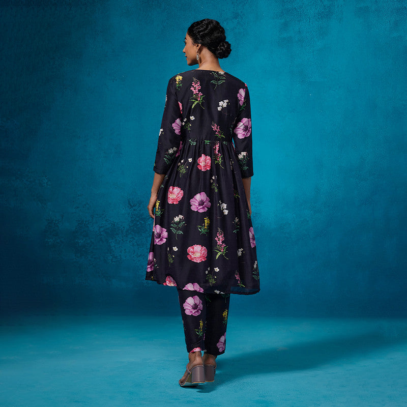 Chanderi Black Kurta Set For Women | Floral Printed