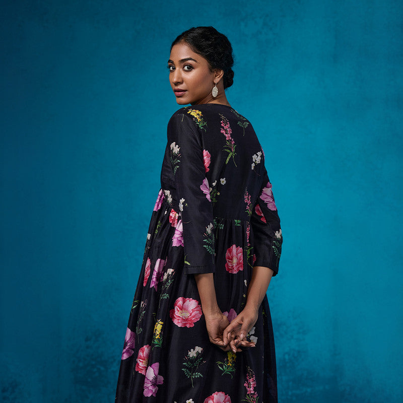 Chanderi Black Kurta Set For Women | Floral Printed