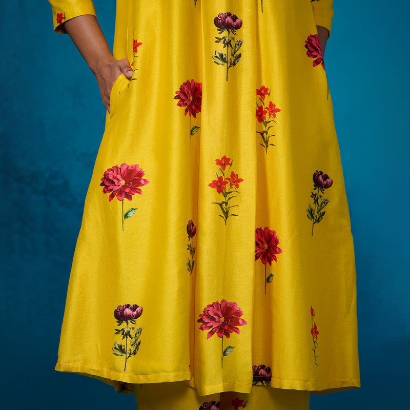 Chanderi Kurta Set For Women | Floral Printed | Mustard Yellow