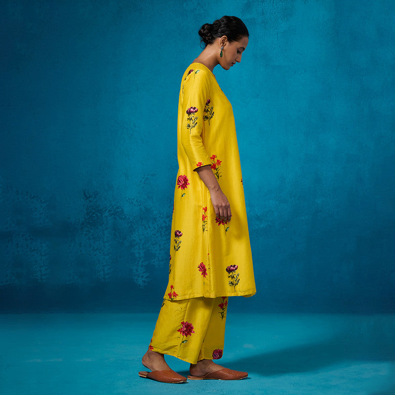 Chanderi Kurta Set For Women | Floral Printed | Mustard Yellow