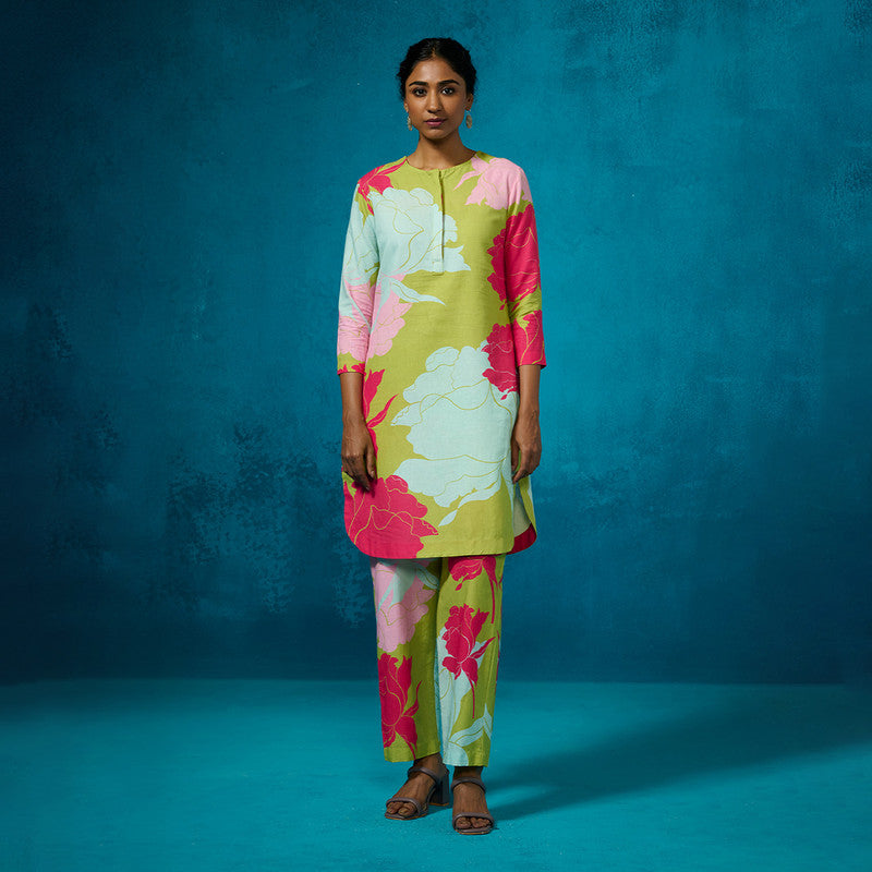 Linen Kurta Set For Women | Floral Printed | Lime Green