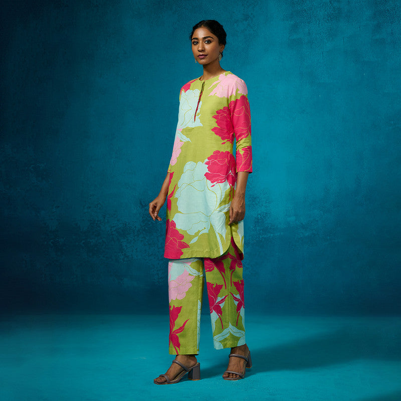 Linen Kurta Set For Women | Floral Printed | Lime Green