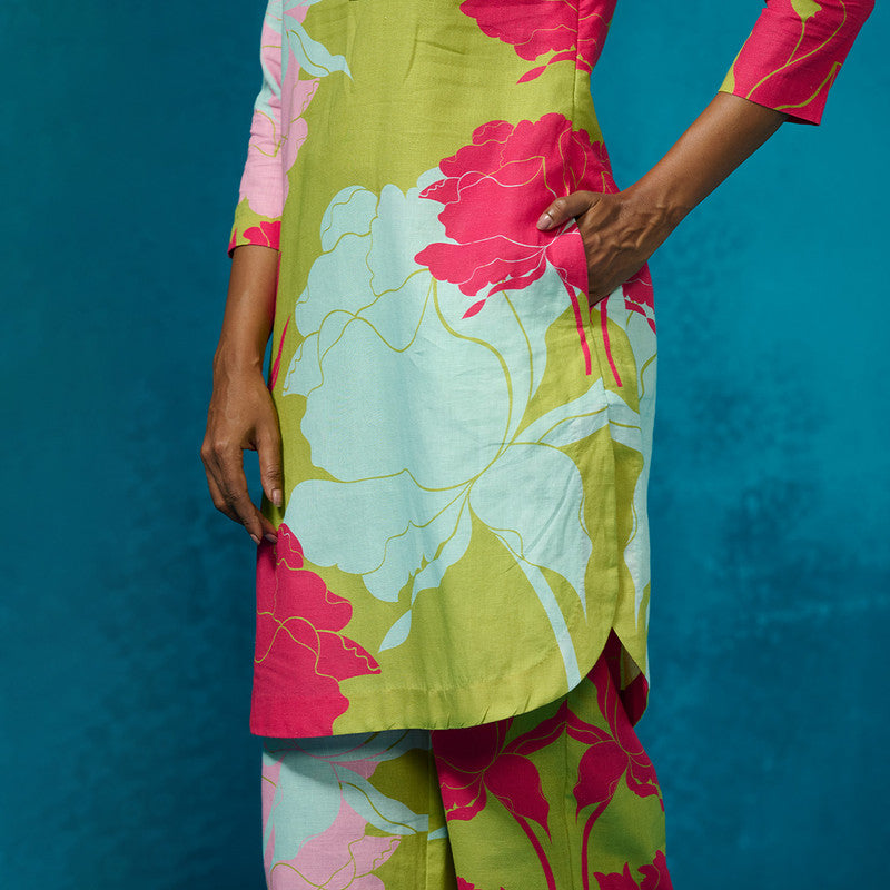 Linen Kurta Set For Women | Floral Printed | Lime Green