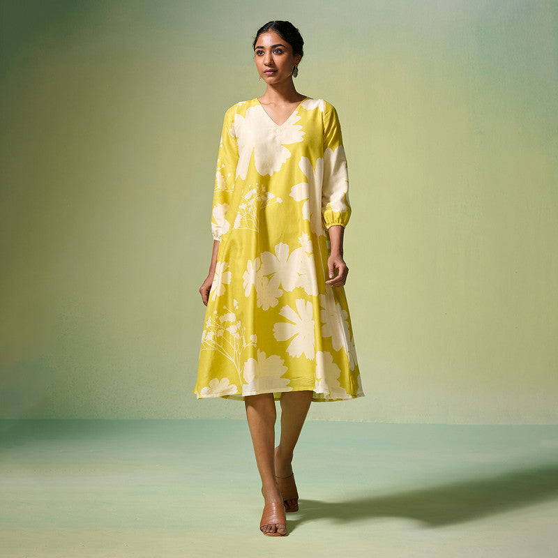 Chanderi Dress For Women | Floral Print | Lime Yellow