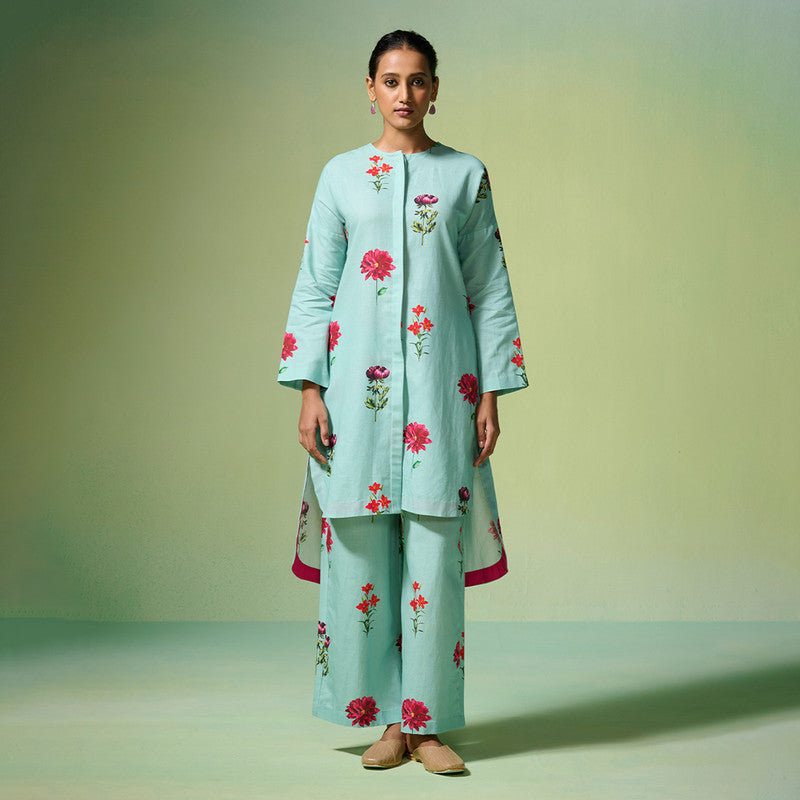 Chanderi Kurta Set For Women | Floral Printed | Blue