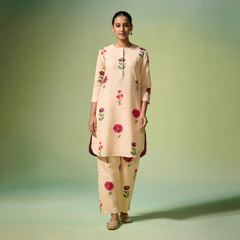 Linen Kurta Set For Women | Floral Printed | Beige