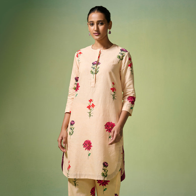 Linen Kurta Set For Women | Floral Printed | Beige