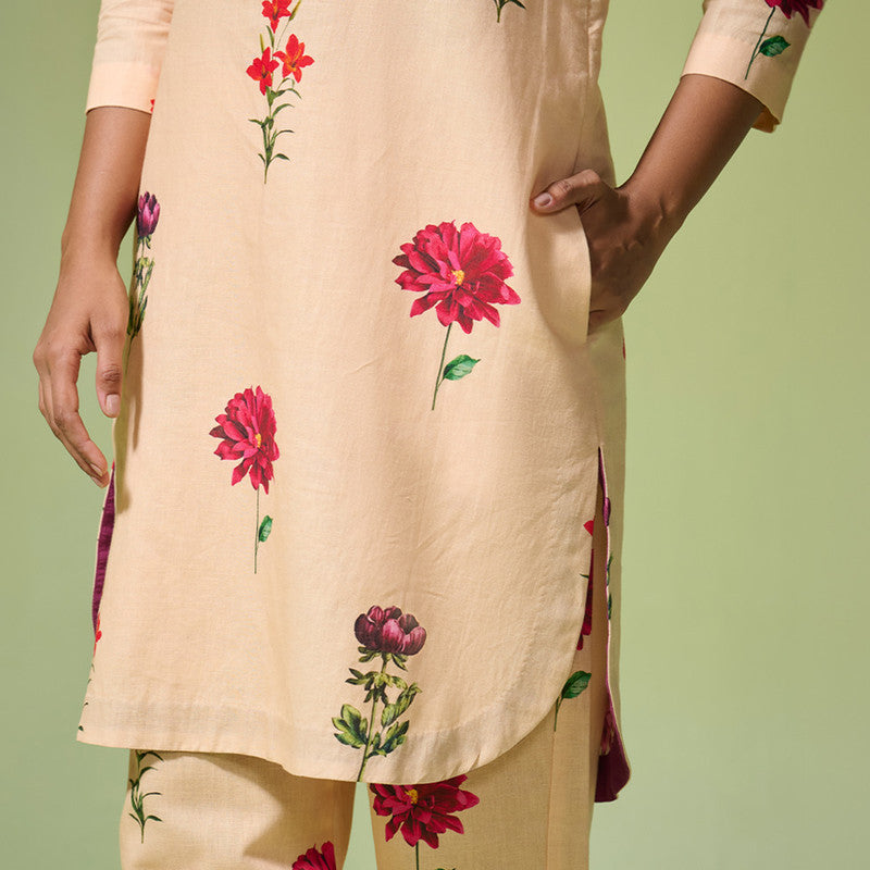 Linen Kurta Set For Women | Floral Printed | Beige