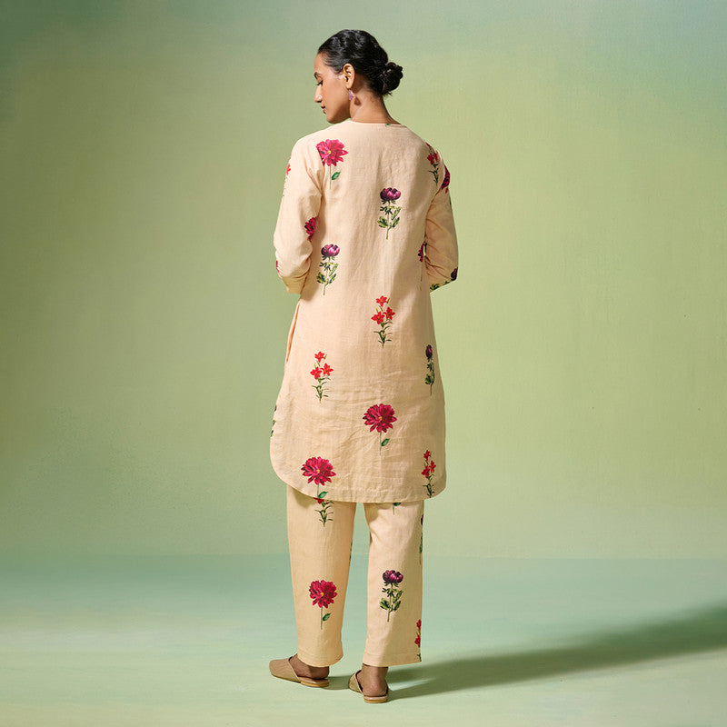 Linen Kurta Set For Women | Floral Printed | Beige