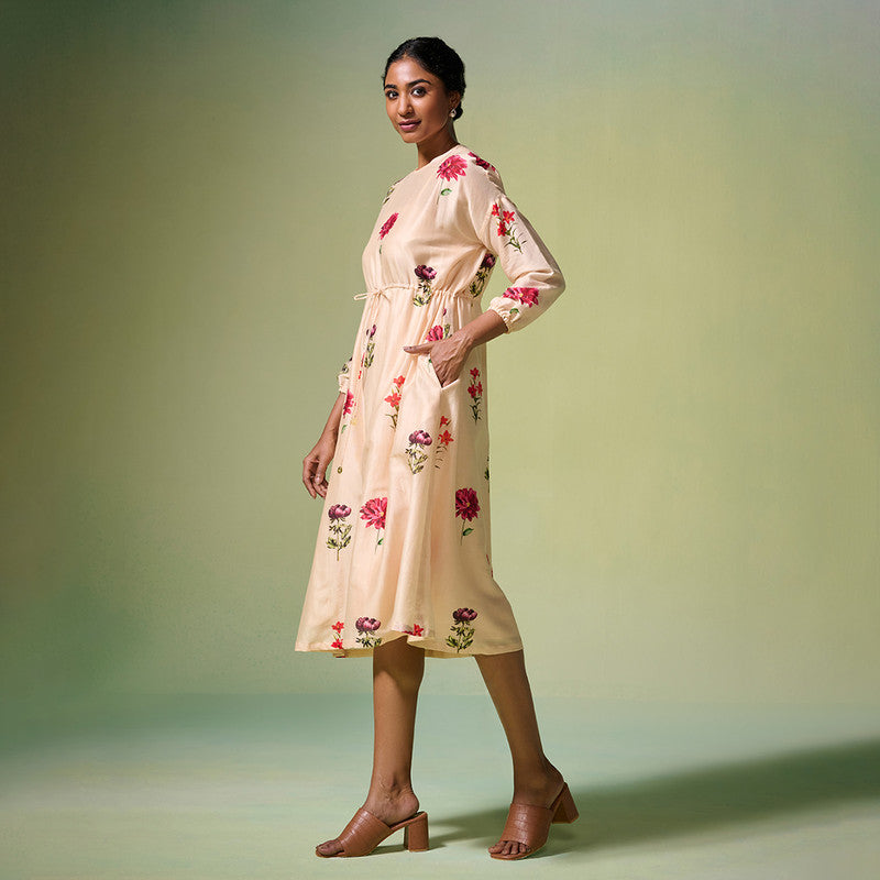 Chanderi Dress For Women | Floral Print | Beige