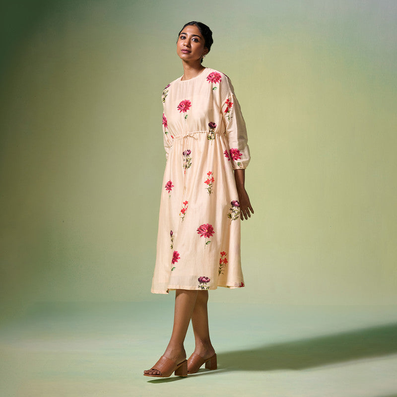 Chanderi Dress For Women | Floral Print | Beige