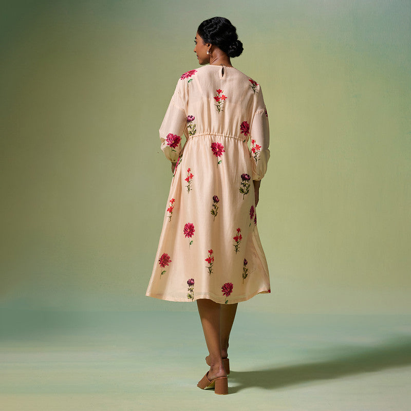 Chanderi Dress For Women | Floral Print | Beige