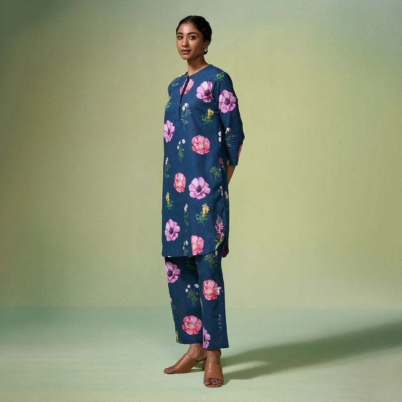 Linen Kurta Set For Women | Floral Printed | Navy Blue