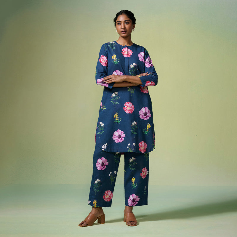 Linen Kurta Set For Women | Floral Printed | Navy Blue