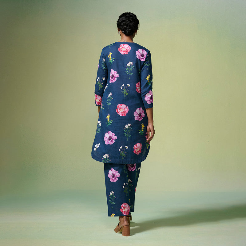 Linen Kurta Set For Women | Floral Printed | Navy Blue