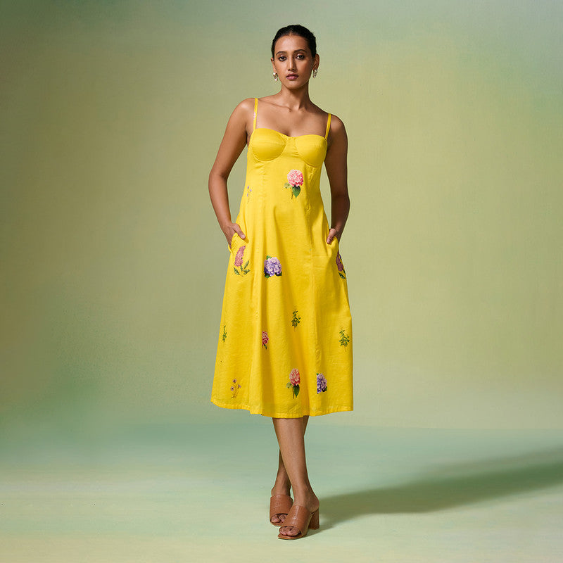 Chanderi Dress For Women | Floral Print | Yellow