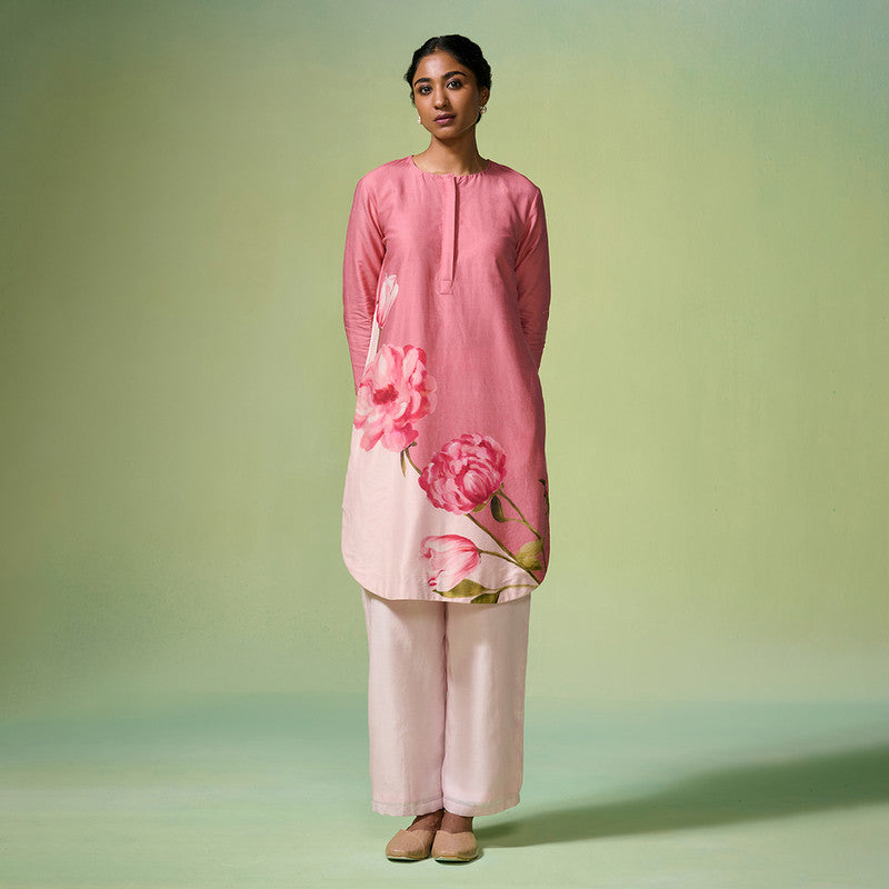 Chanderi Kurta Set For Women | Floral Printed | Pink