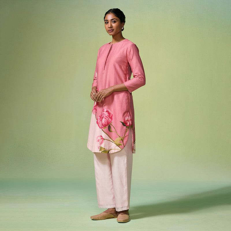 Chanderi Kurta Set For Women | Floral Printed | Pink