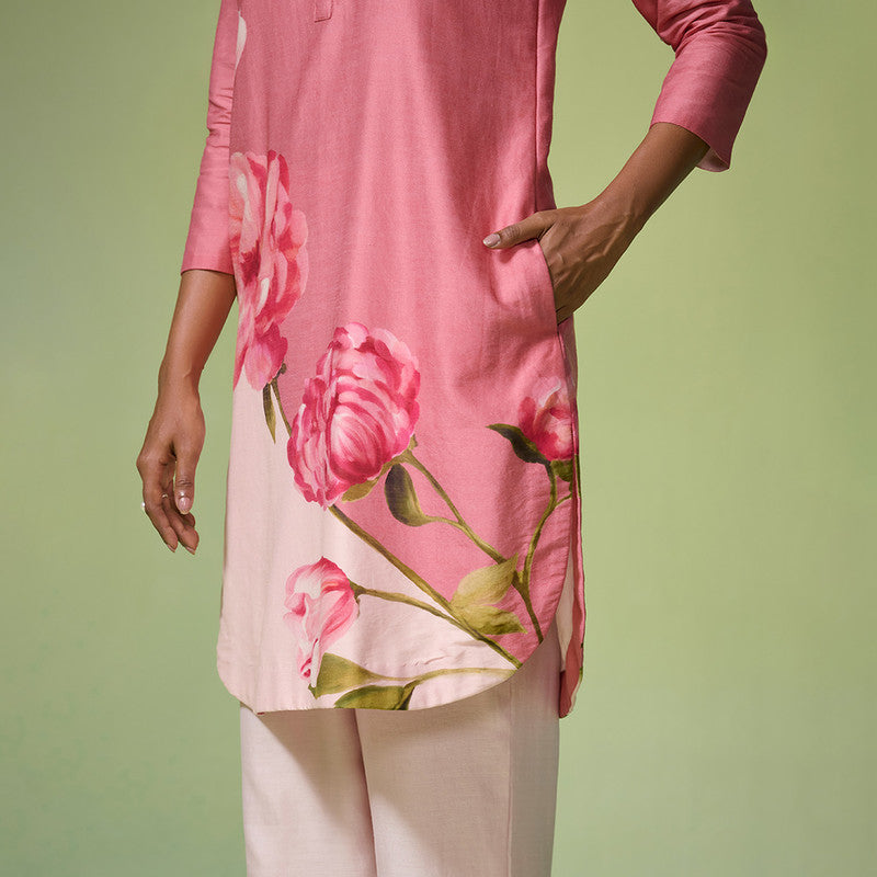 Chanderi Kurta Set For Women | Floral Printed | Pink