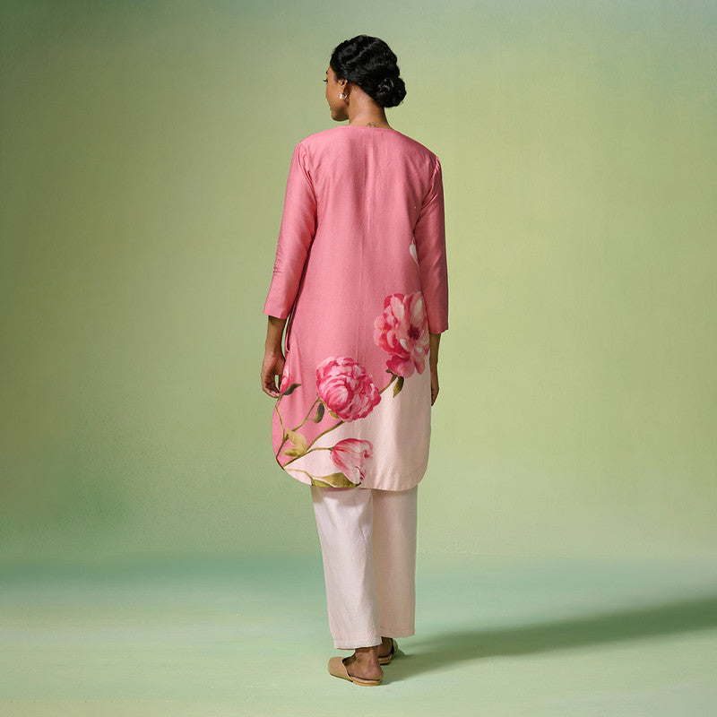 Chanderi Kurta Set For Women | Floral Printed | Pink