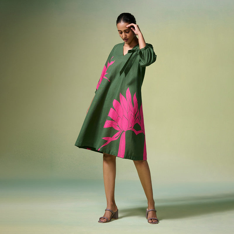 Linen Dress For Women | Floral Printed | Dark Green