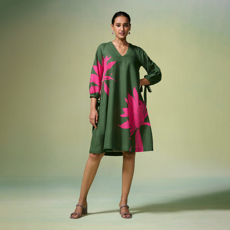 Linen Dress For Women | Floral Printed | Dark Green