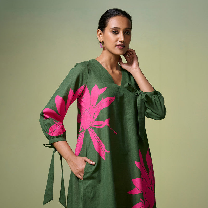 Linen Dress For Women | Floral Printed | Dark Green