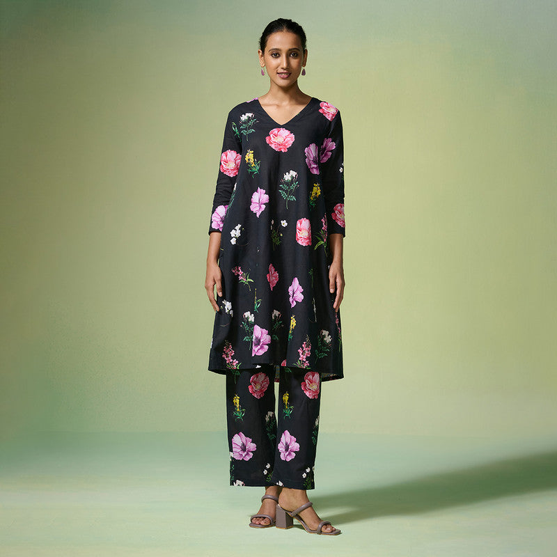 Linen Black Kurta Set For Women | Floral Printed