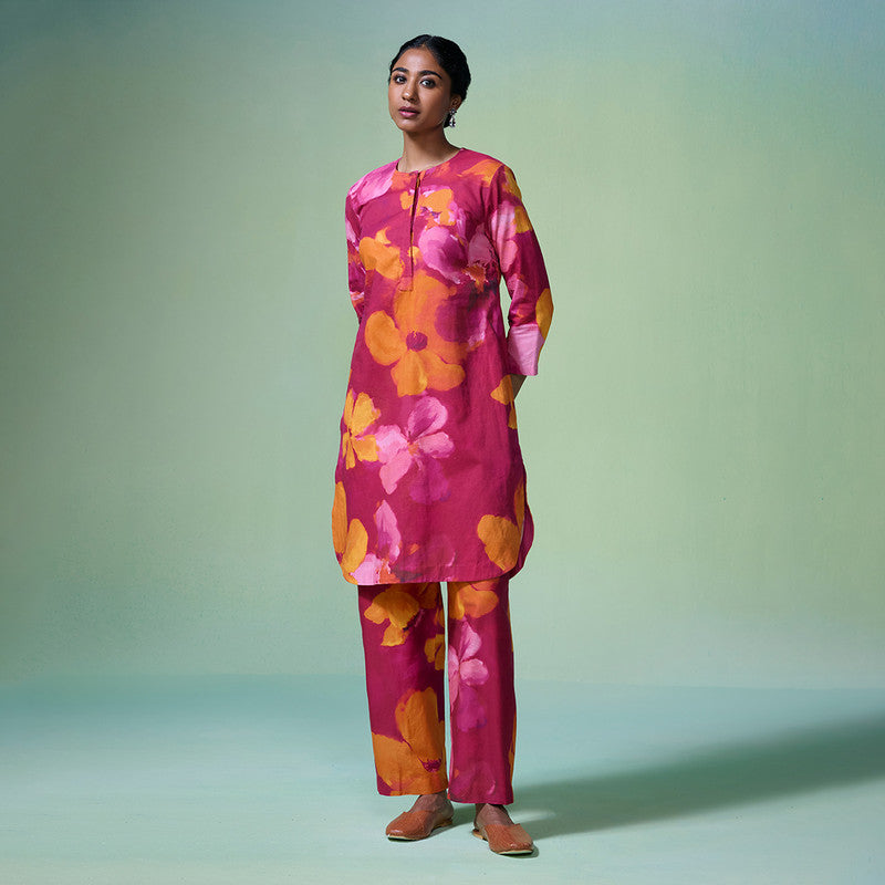 Linen Pink Kurta Set For Women | Floral Printed