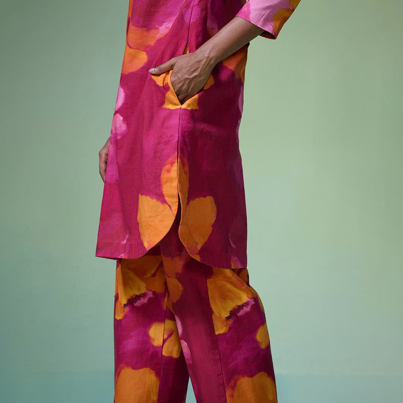 Linen Pink Kurta Set For Women | Floral Printed