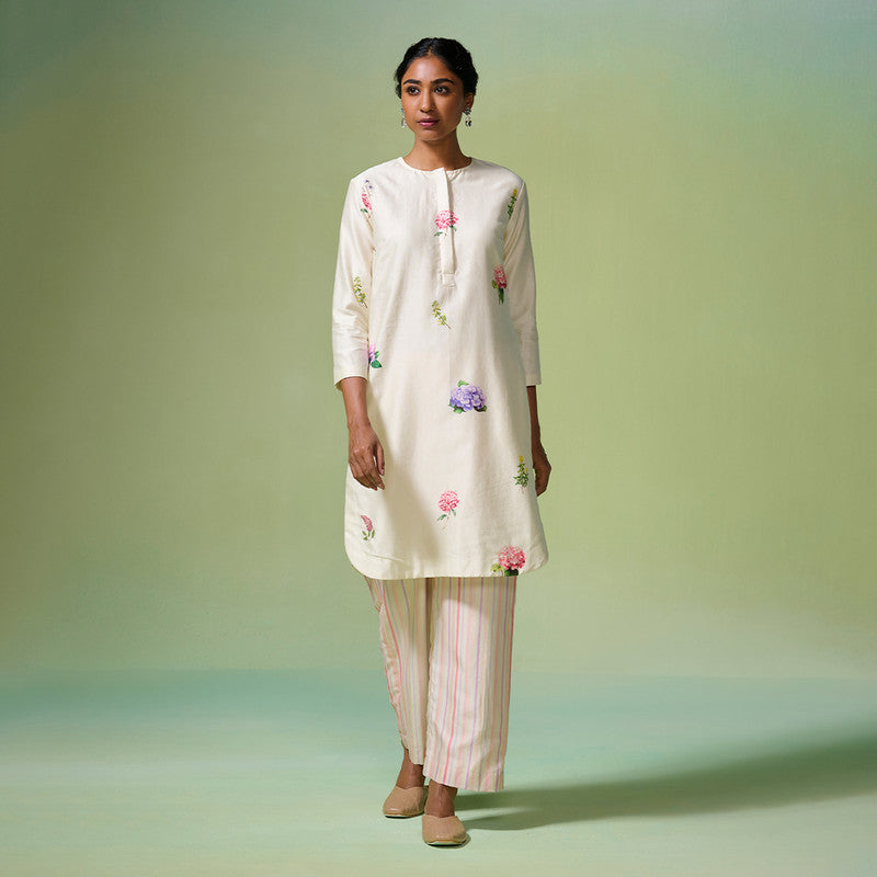 Chanderi Kurta Set For Women | Floral Printed | Beige