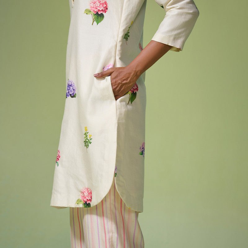 Chanderi Kurta Set For Women | Floral Printed | Beige