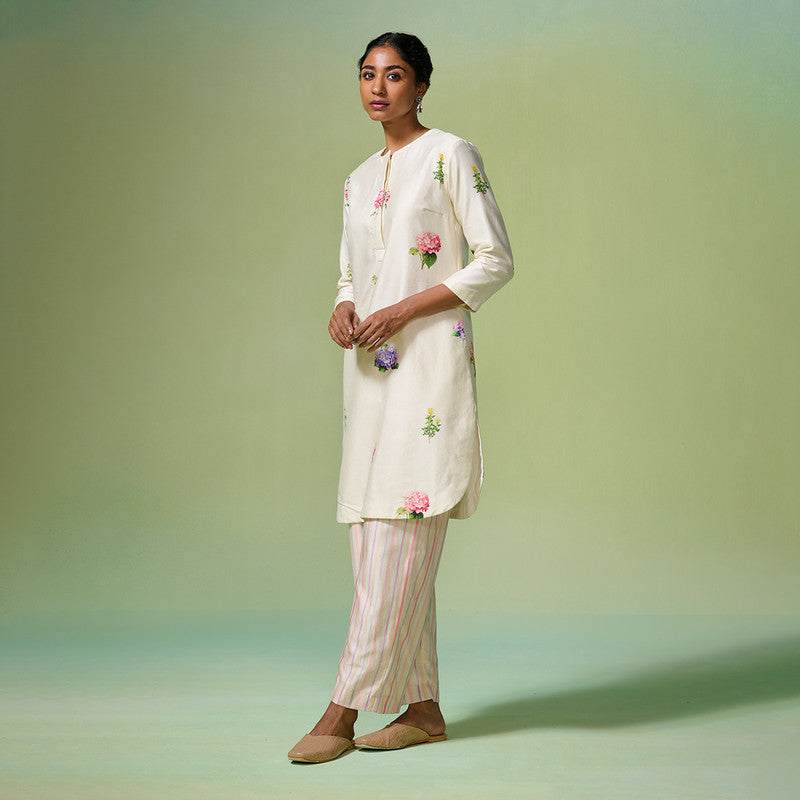 Chanderi Kurta Set For Women | Floral Printed | Beige