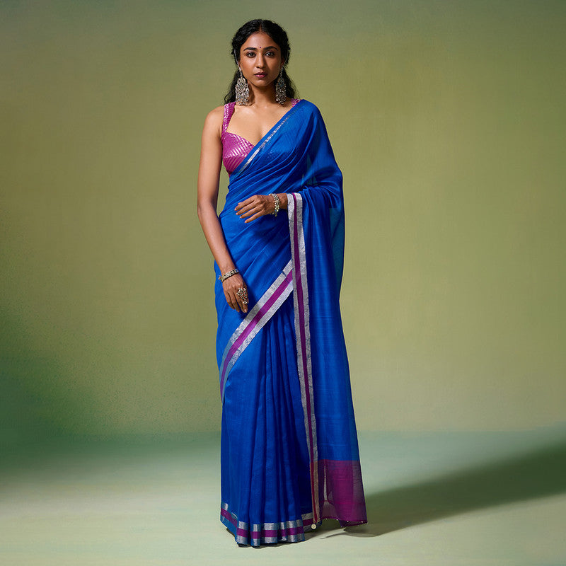 Chanderi Saree with Blouse Fabric | Pink & Silver Border | Royal Blue