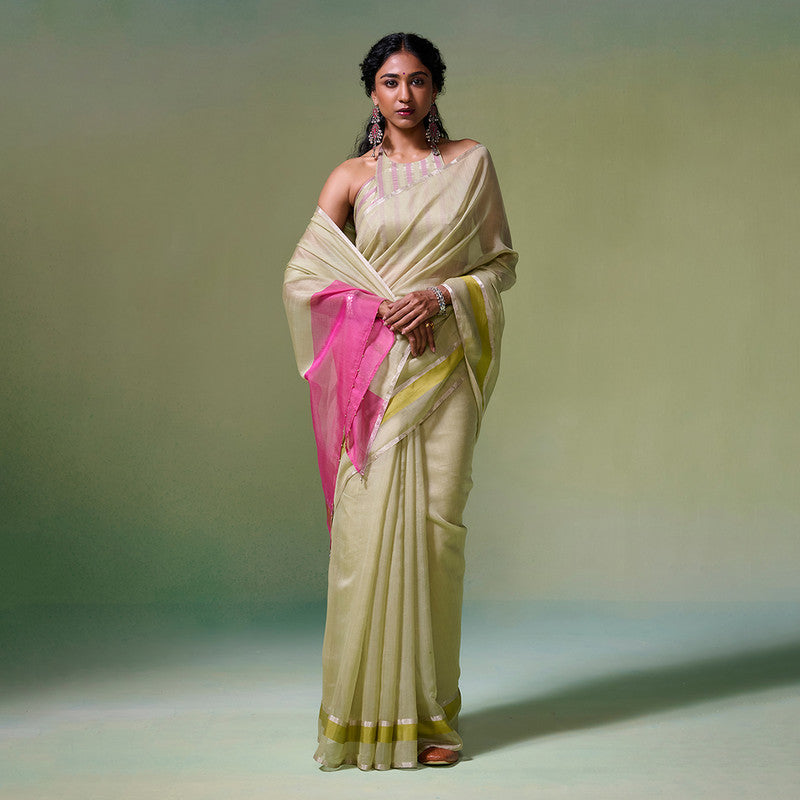 Chanderi Saree with Blouse Fabric | Zari Borders | Pista Green