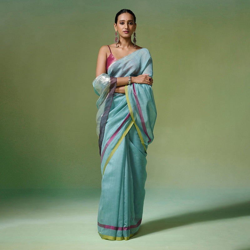 Chanderi Saree with Blouse Fabric | Magenta & Yellow Stripes | Aqua Blue