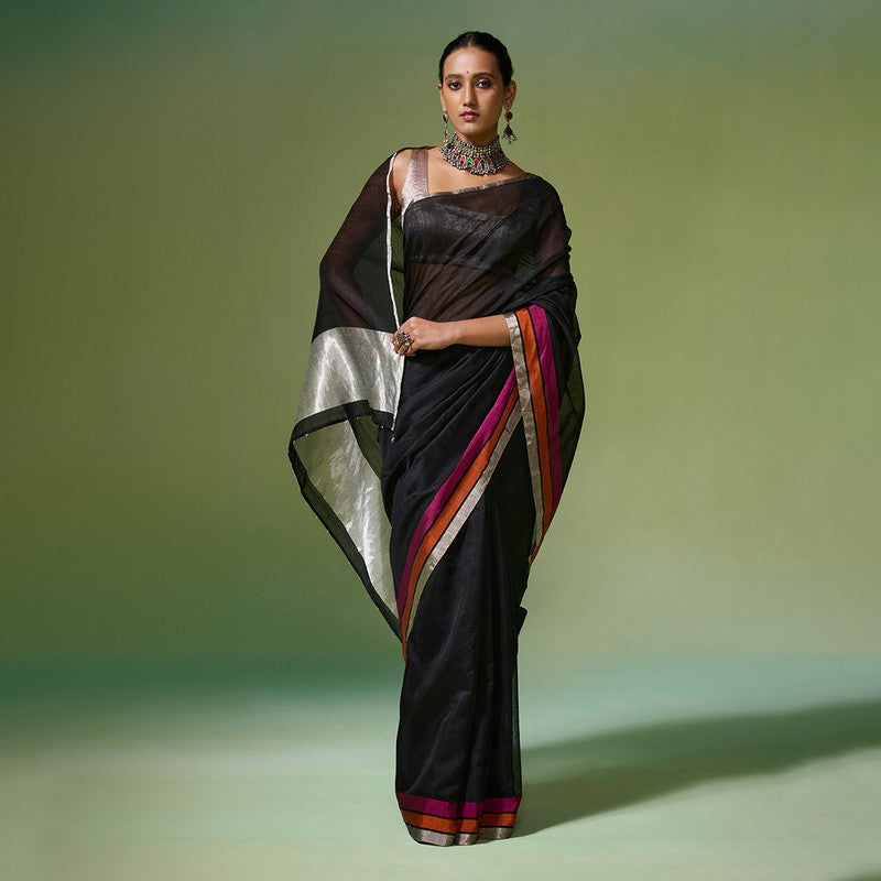 Chanderi Black Saree with Blouse Fabric | Multicolored Border | Black