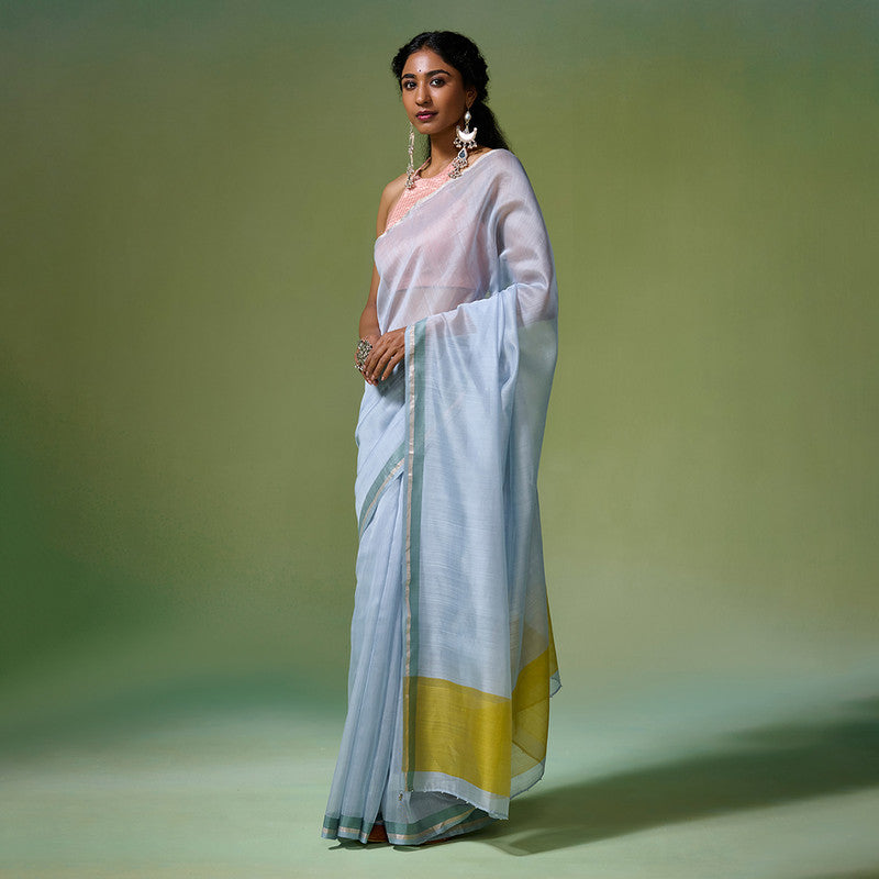 Chanderi Saree with Blouse Fabric | Green Silk Stripes | Blue