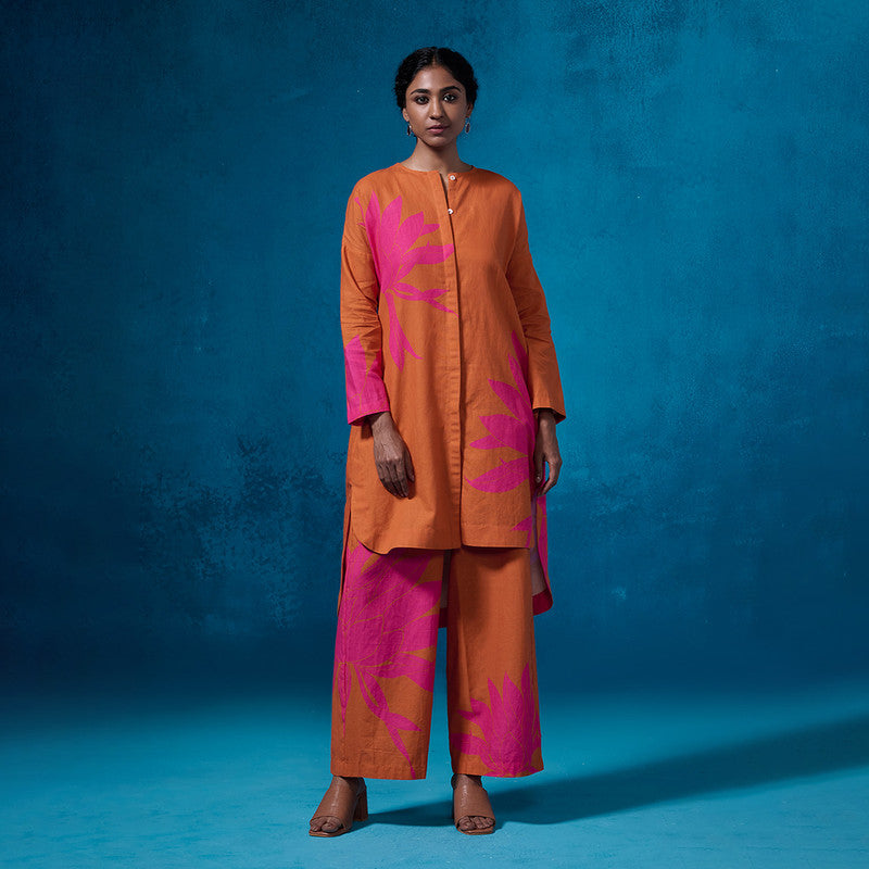 Chanderi Kurta Set For Women | Floral Printed | Orange