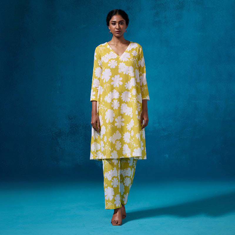 Linen Kurta Set For Women | Floral Printed | Yellow