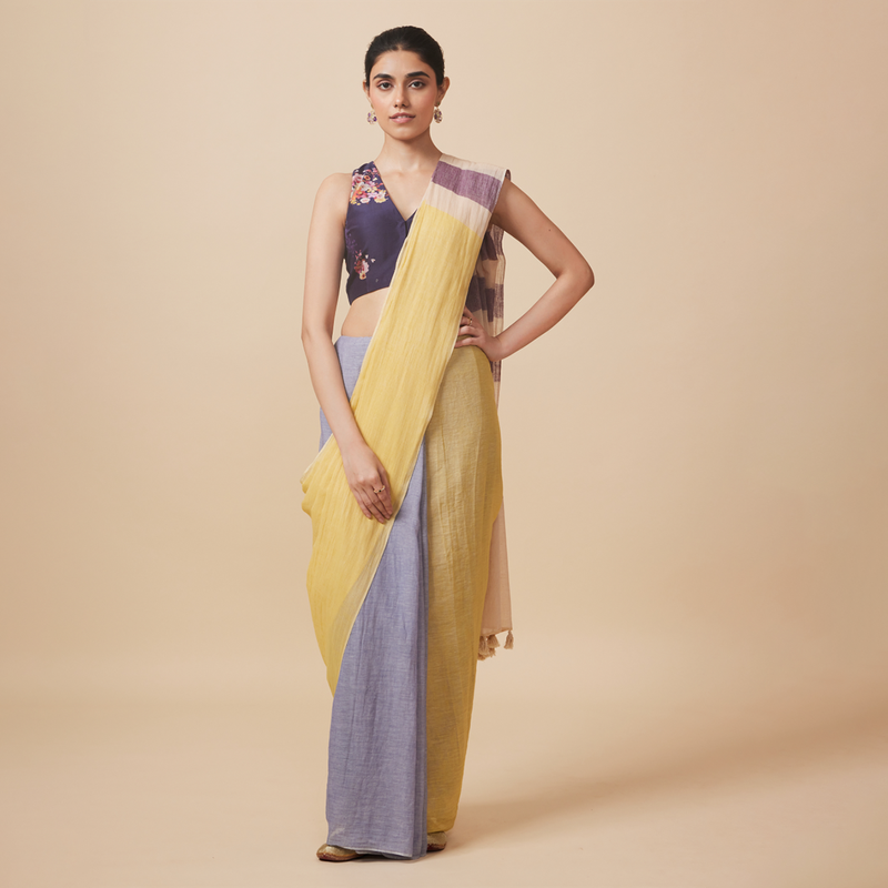 Cotton Solid Saree with Blouse | Yellow & Blue