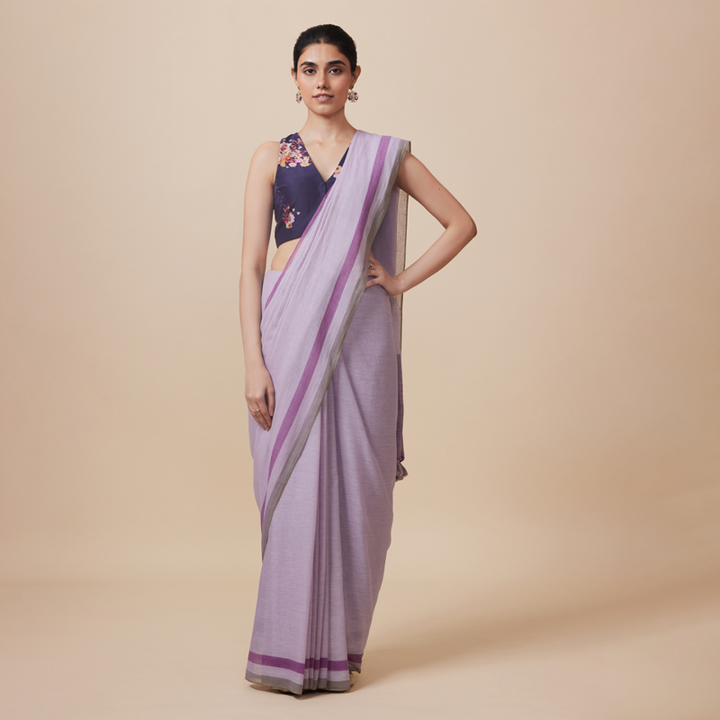 Linen Solid Saree with Blouse | Lavender